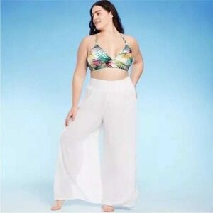 Shade & Shore White Gauze‎ Beach Pants Plus Size 3X Smocked  Wide Leg Lagenlook